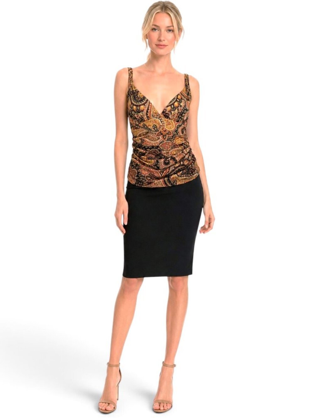 Carmen Marc Valvo Collection Beaded Silk Paisley Pattern Ruched Cami Top NWT 10